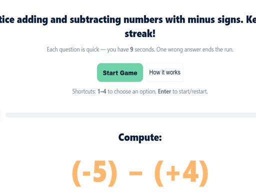 Maths Quiz with Negative Numbers